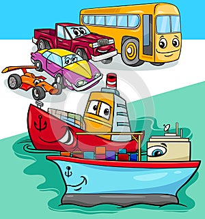 Cars and ships group cartoon illustration