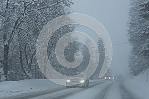 Cars on a snowy winter road