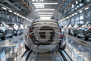 Cars stand on the conveyor line of car factory. Back view.Automobile production