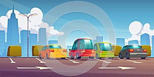 Cars standing in city parking lot - cartoon vector