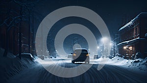 Cars on the street of the city at night in winter amidst snow drifts are moving on a slippery road. Adverse weather conditions due
