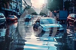 Cars Submerged in Hurricane Heavy Rains and Flooding Devastation. Generative AI