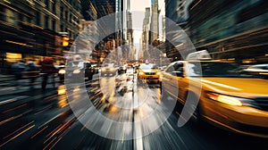 Cars and taxis in movement with motion blur in downtown Manhattan created with Generative AI