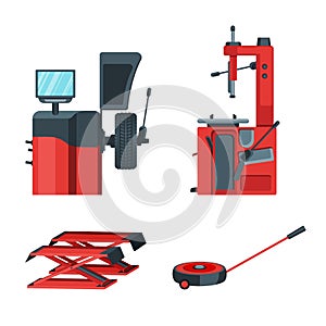 Cars tire balancing and fitting equipment. Automobile jacks isolated vector illustration.