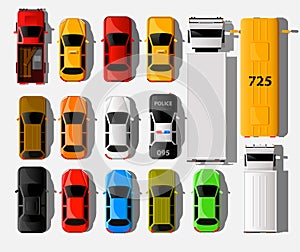 Cars top view. City vehicle transport icons set. Automobile car for transportation.