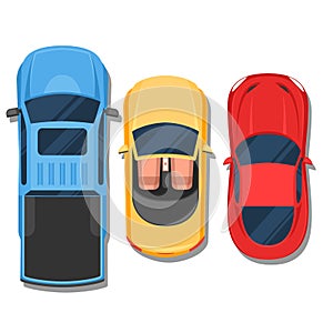 Cars top view. Convertible, sport car and pickup. Flat style col