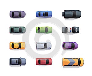 Cars top view. 2D traffic from above, various automobile for city collection, game transport sprite asset, van pick-up