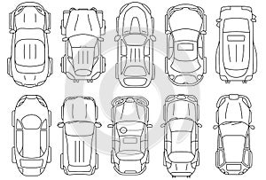 Cars top view thin line vector icons. Set of model car sedan, taxi and ambulance car in linear style illustration