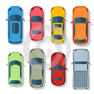 Cars top view vector flat. Vehicle transport icons set. Automobile car for transportation, auto car icon illustration isolated.