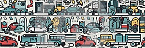 Cars, traffic conception. Icons in line art style. Beautiful seamless pattern picture. Generative AI