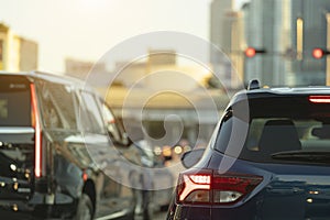 Cars traffic driving at intersection on American street with traffic lights in Miami, Florida. USA transportation