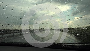 Cars Traffic in Rain on Road, Driving in Stormy on Roadway, Highway, Rainy Drops on Windscreen, Transport, Bad Weather Conditions