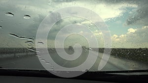 Cars Traffic in Rain on Road, Driving in Stormy on Roadway, Highway, Rainy Drops on Windscreen, Transport, Bad Weather Conditions