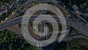 Cars traffic on road intersection. Top view car driving on highway junction