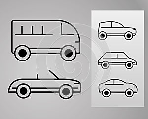 Cars transport vehicle side view, set line icons on gray background