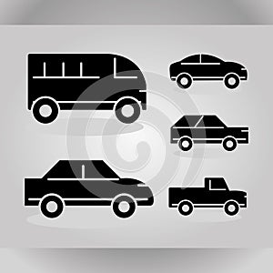 Cars transport vehicle side view, set silhouette icons on gray background