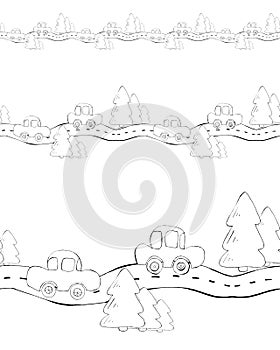 cars and trees handdraw illustration, seamless border