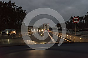 Cars and Truck at autobahn with road works, Germany