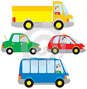 Cars, truck and bus