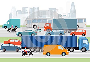 Cars and trucks illustrated in city photo