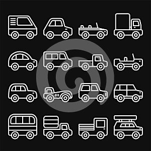 Cars and Trucks Line Icons Set. Vector