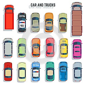 Cars and trucks top view flat vector icons set