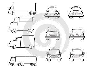 Cars vans and truck line icons set