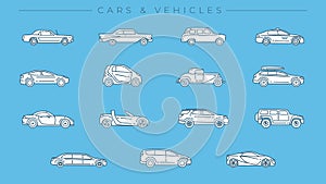 Cars and Vehicles concept line style vector icons set.