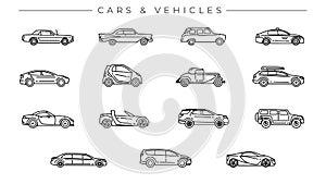 Cars and Vehicles concept line style vector icons set.