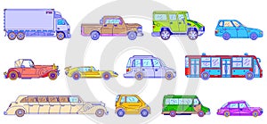 Cars and vehicles, line vector illustration, modern and retro style auto transport isolated on white, line art style.