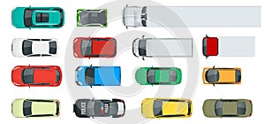 Cars view from above set. Vehicles driving in the city and service transport. Vector flat style illustration isolated on photo