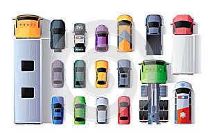 Cars view from above. Various city traffic collection, trucks bus firetruck pick-up sedan van SUV city vehicles, 2D top