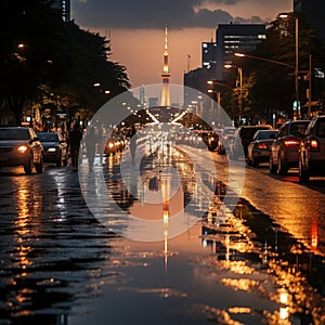 Cars on a wet street with reflections, capturing atmospheric lighting