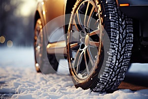 The cars wheel, equipped with a winter tire, conquers snow