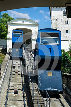 Cars of the Zagreb Funicular Passing