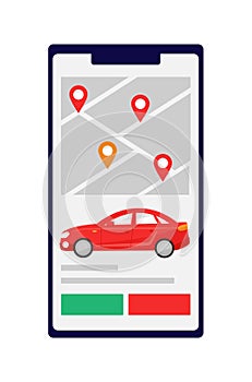 The carsharing app. Application about car sharing open on the smartphone screen. One of the points is selected on the