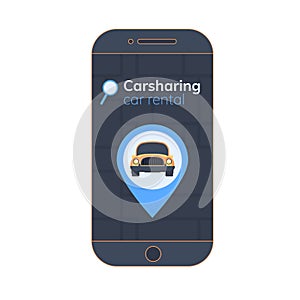 Carsharing mobile app illustration. Map, geolocation mark, with car on screen smartphone. Online rental car service.