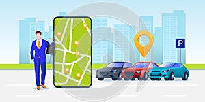 Carsharing vector illustration. Businessman rents automobile in city. Online application car share or vehicle rental