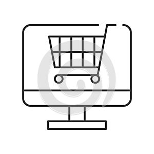 Cart on computer screen, Line icon shopping online and e commerce concept