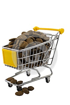 Cart with dog food on a white background