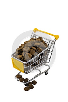 Cart with dog food on a white background