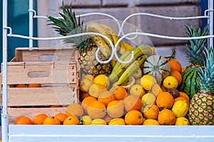 Cart with fresh fruits in Syracuse, Sicily, Italy