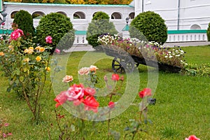 A cart full of flowers stands on the lawn