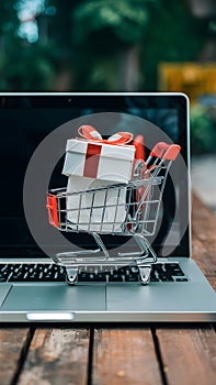 Cart and gift box icon on laptop, online shopping concept