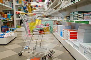 Cart with office supplies in stationery store