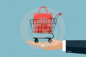 Cart placed on hand, online shopping anytime, vector illustration