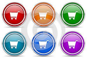 Cart silver metallic glossy icons, set of modern design buttons for web, internet and mobile applications in 6 colors options