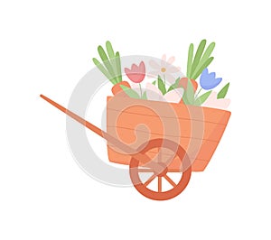 Cart with spring flowers and vegetables flat vector illustration isolated.