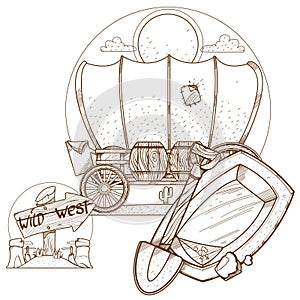 Cartage carriage cowboy outline drawing for coloring. Former transport and vehicles. Wild West