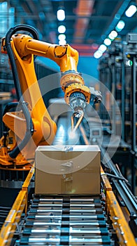 Cartboard boxes parcels on conveyor belt in warehouse handled by robotic arm